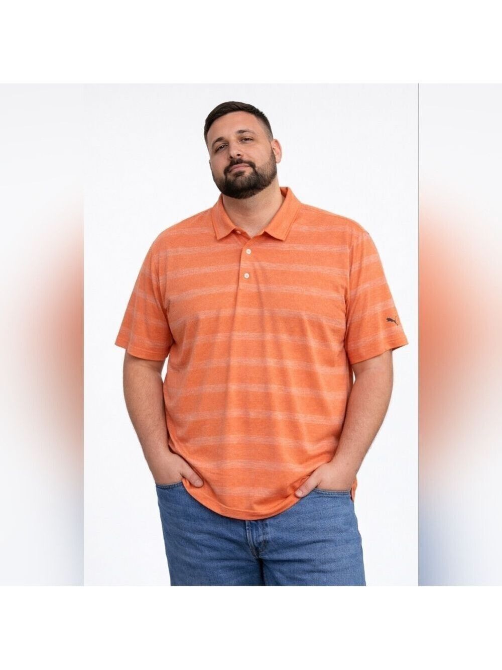 Puma Polo Shirt XL Orange Striped Golf Casual Men’s Performance Top